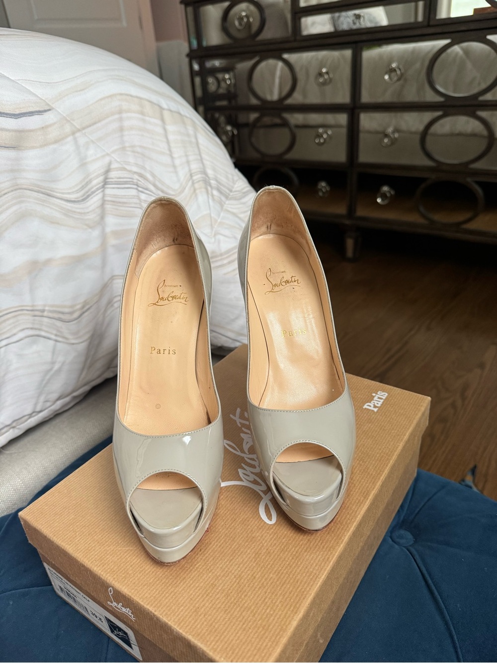 Christian Louboutin Taupe Patent Peep-Toe Pumps